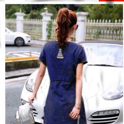 ĐẦM JEAN SUÔNG CỔ TRỤ PHỐI TÚI - NJ916